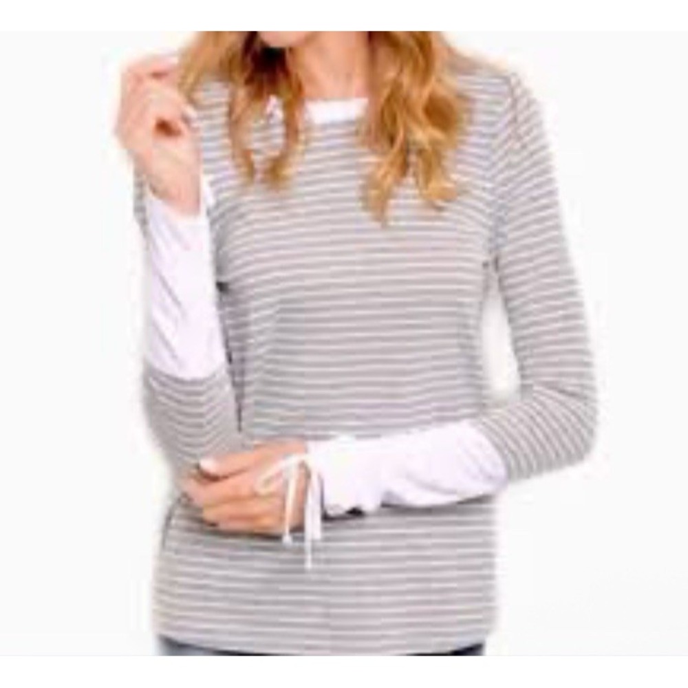 Gilli Long Sleeve Blouse Top Cinch Tie Sleeve Career Gray White Sz S NEW